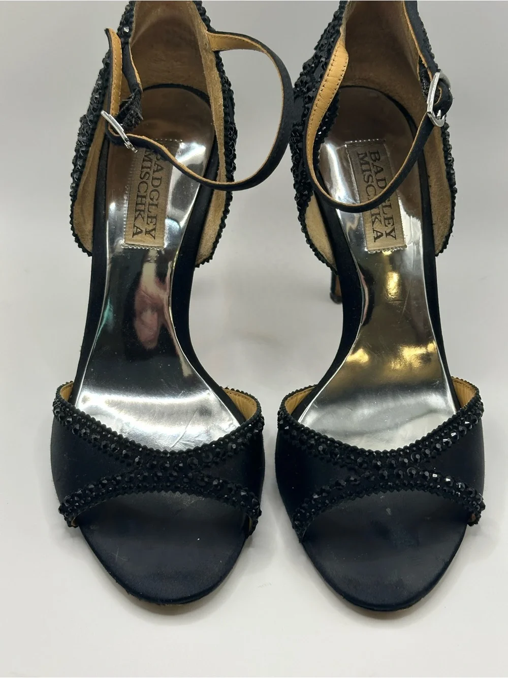 Badgley Mischka Black Beaded Open-Toe Ankle-Strap Heels